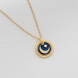 Dainty Gold Filled Blue Sapphire Moon and Star Necklace