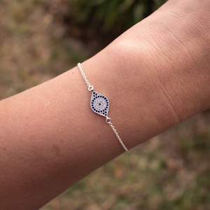 Silver Blue Evil Eye Bracelet, Sterling Silver