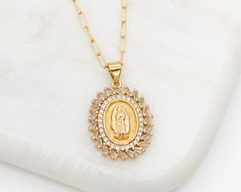 Mother Mary Gold Necklace, Virgin Mother Mary Lady of Guadalupe 24k Gold Filled Medallion Necklace