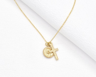 Jesus Christ Cross Necklace, Small Double Sided Round Coin Jesus Face Necklace, Gold Filled Religious Necklace