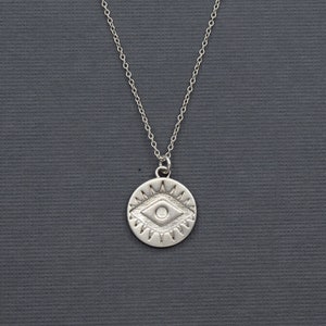 Evil Eye Silver Necklace, Sun Evil Eye Coin Necklace, Satellite Sterling Silver Chain
