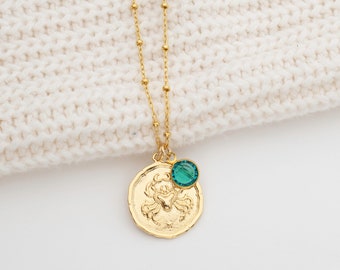Gold Zodiac Coin Necklace and Birthstone, Personalized Birthstone Zodiac Necklace