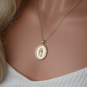 Mother Mary Necklace, 24k Gold Filled Virgin Mother Mary Lady of Guadalupe Medallion Necklace