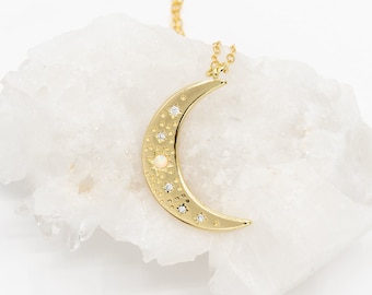 Opal Moon Necklace, Opal Gold Filled Crescent Moon Necklace, Dainty Crescent Necklace