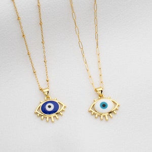 White, Blue Evil Eye Enamel Gold Necklace