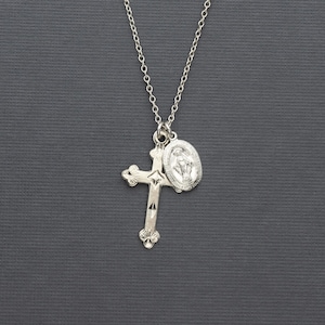 Sterling Silver Virgin Mary and Cross Necklace, Baptism, Confirmation, Miraculous medal