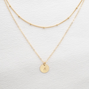 Personalize Hand Stamped Initial 14k Gold Filled Layered Necklace, Satellite Chain Choker, Double Strand Necklace