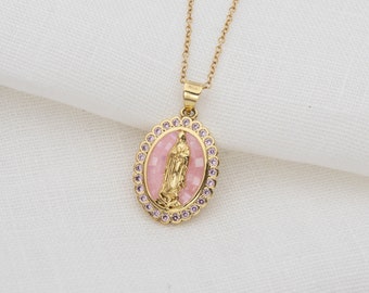 Pink Virgin Mary 14k Gold Filled Necklace, Lady Guadalupe Religious Necklace