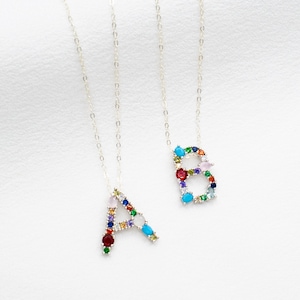 Initial Necklace, Silver Multicolored Letter Necklace, Silver Initial Necklace, Personalized Gift