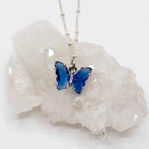 Blue Glass Butterfly Silver Necklace