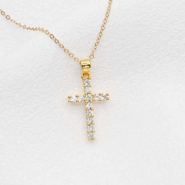 Cross Gold Necklace, Cubic Zirconia Gold Filled Cross Necklace, Religious Necklace