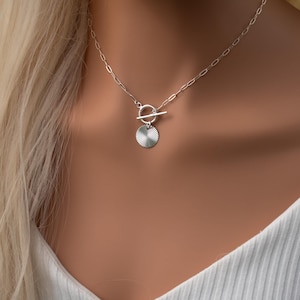 925 Sterling Silver Paperclip Link Toggle Necklace, Sunburst Circle Charm