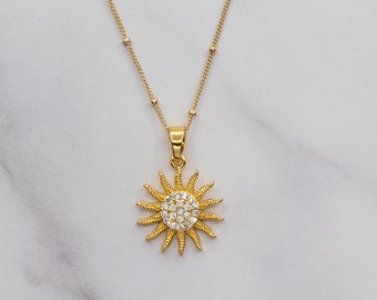 Sun Necklace, Gold Filled Cubic Zirconia Sun Necklace, Sunburst pendant