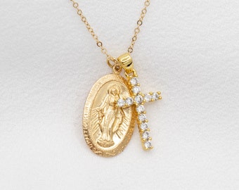 14k Gold Filled Oval Blessed Mother Virgin Mary and Cross, Our Lady of Guadalupe Necklace, Religious Medallion