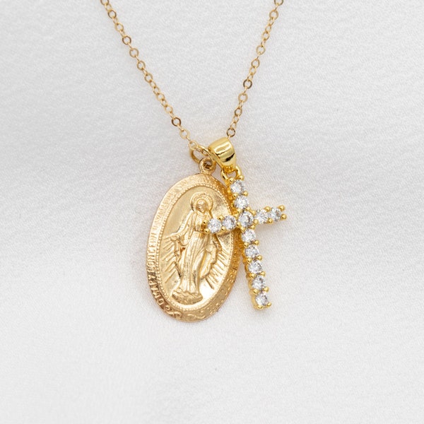 Vierge Marie et croix ovale remplie d'or 14 carats, collier Notre-Dame de Guadalupe, médaillon religieux