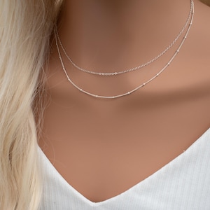 Dainty Layering Necklace Set, 925 Sterling Silver Double Strand Necklace, Cable & Satellite Chain Necklace