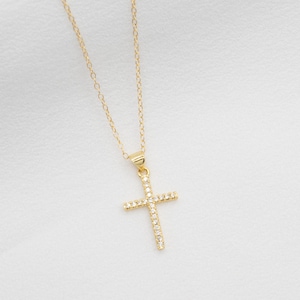 Cross Necklace, Gold Cubic Zirconia Cross Necklace, Religious Necklace