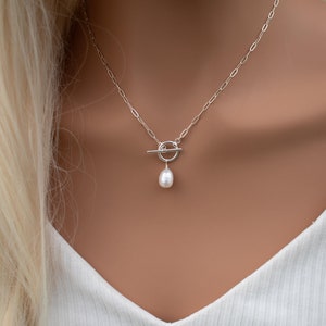 925 Sterling Silver Paperclip Chain Pearl Necklace with Mini Toggle Closure, Jewelry Gift for Her