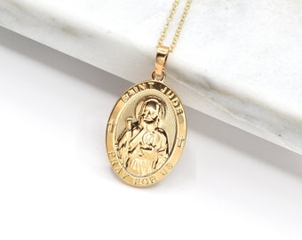 Gold Saint Jude Medal Necklace, Pendant for Hope & Impossible Cause, Religion Necklace