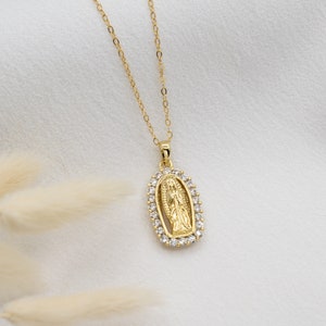Gold Virgin Mary Necklace, Holly Mary Cubic Zirconia Medallion Necklace, Religious Jewelry