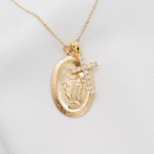 14K Gold Filled Yellow Oval Blessed Mother Virgin Mary with Cross Necklace, Our Lady of Guadalupe Necklace, Religious Medallion