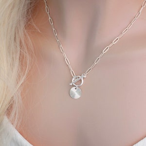 925 Sterling Silver Paperclip Toggle Necklace, Sunburst Circle Charm
