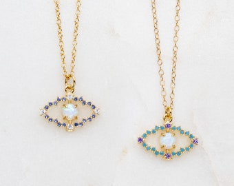 Evil Eye Opal Gold Necklace, Dainty Evil Eye Blue CZ Necklace, Turquoise Opal Necklace