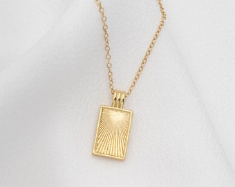 Rising Sun Medallion Necklace 24k Gold Filled Rectangle Sun Ray