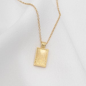 Rising Sun Medallion Necklace, 24k Gold Filled Rectangle Sun Ray Necklace