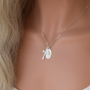 925 Sterling Silver Virgin Mary and Cross Necklace, Baptism, Confirmation, Miraculous medal
