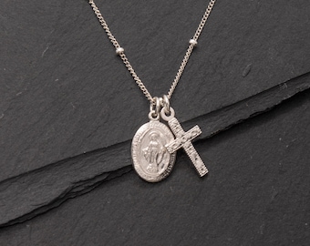 Sterling Silver Mother Mary & Cross Necklace, Oval Blessed Mother Virgin Mary Our Lady of Guadalupe Necklace