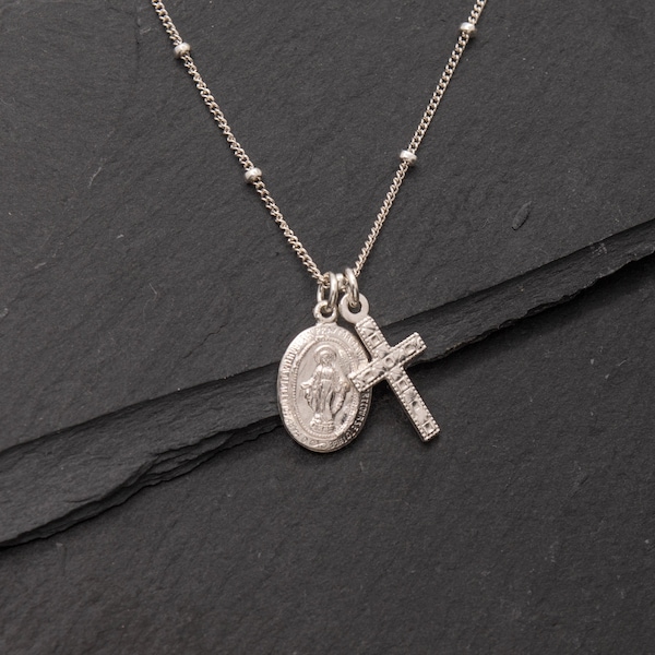 Sterling Silver Mother Mary & Cross Necklace, Oval Blessed Mother Virgin Mary Our Lady of Guadalupe Necklace