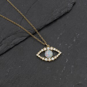 Evil Eye Opal Gold Necklace, Dainty Evil Eye Necklace, Gold Filled Chain Necklace image 2