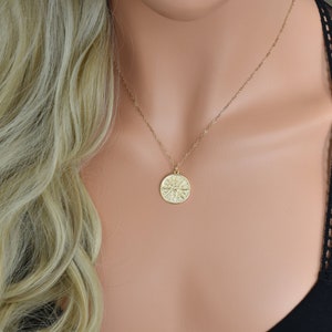 Gold Dainty Sun Coin Necklace, Gold Sun Round Pendant Necklace, Gold Filled Round Coin Necklace