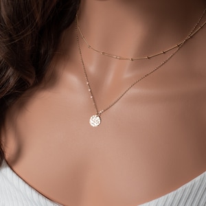 Gold Filled Layered Necklace, Delicate Necklace, Hammered Disc, Satellite Chain Choker, Double Strand Necklace