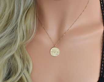 Gold Dainty Sun Coin Necklace, Gold Sun Round Pendant Necklace, Gold Filled Round Coin Necklace