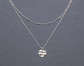 Sterling Silver Layered Necklace, Delicate Necklace, Hammered Disc, Satellite Chain Choker, Double Strand Necklace