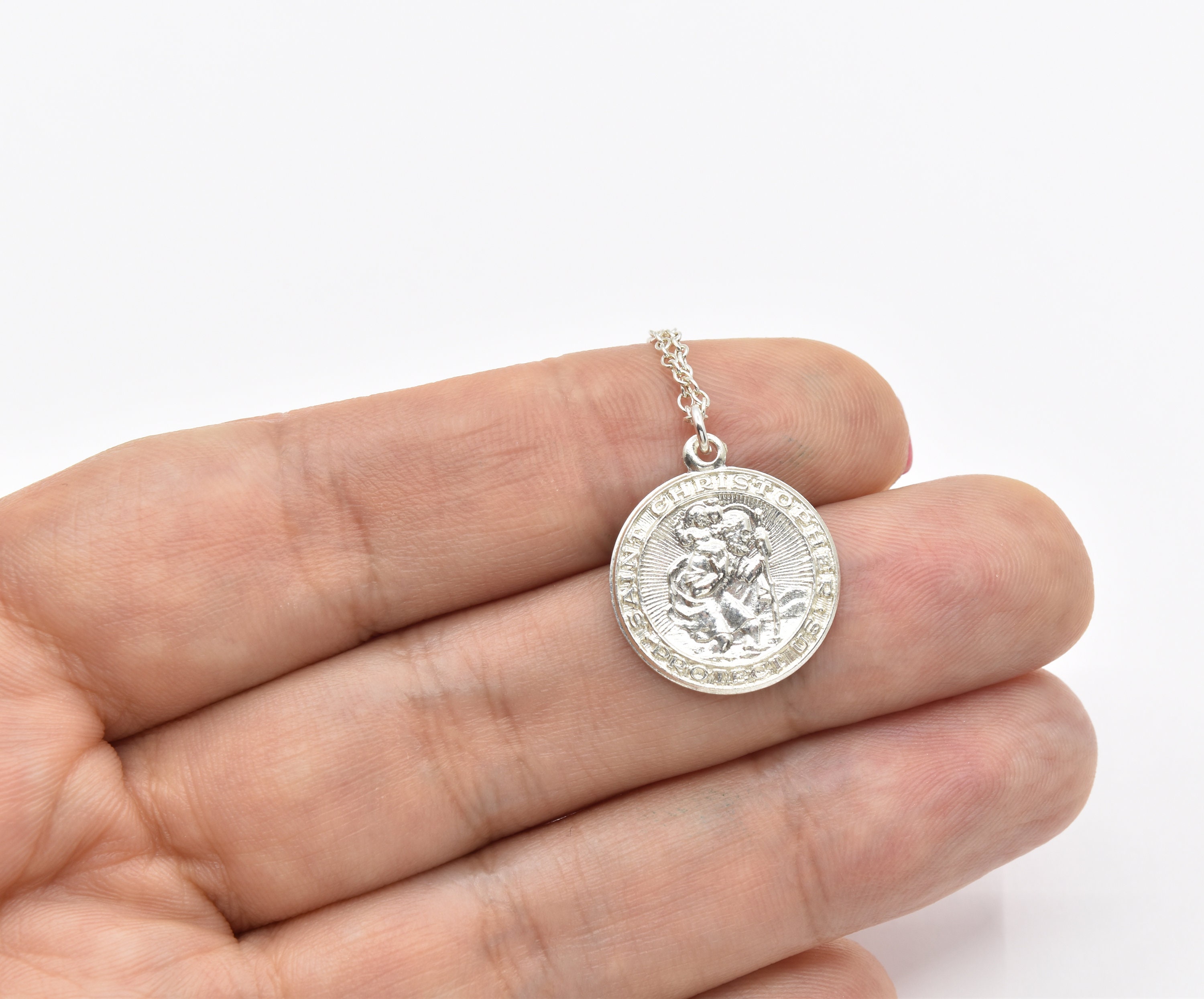 Ciondolo Medaglia Di San Cristoforo In Argento Sterling 0.925 Rotondo 1