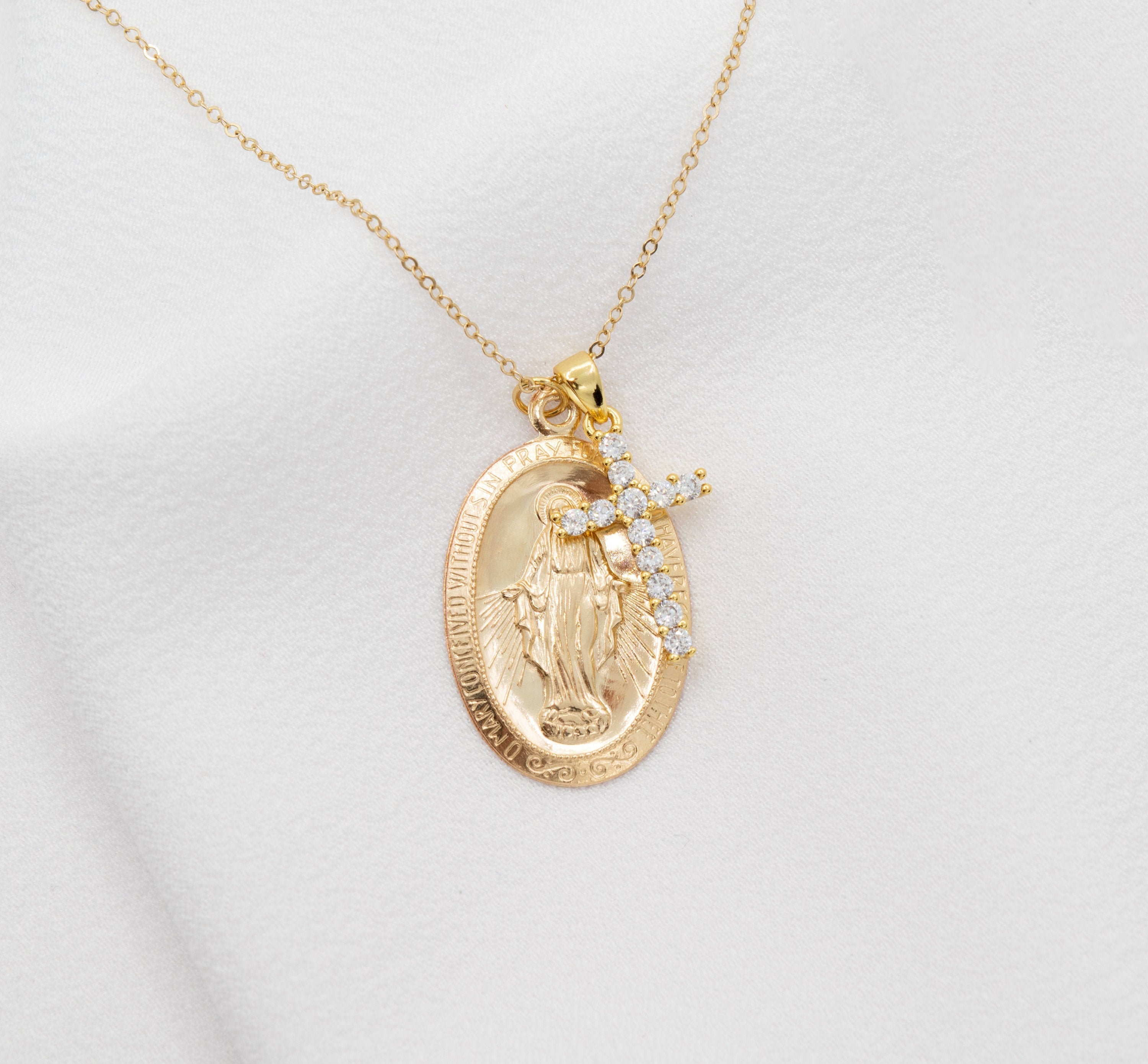 14K Gold Filled Yellow Oval Blessed Mother Virgin Mary With Cross ...