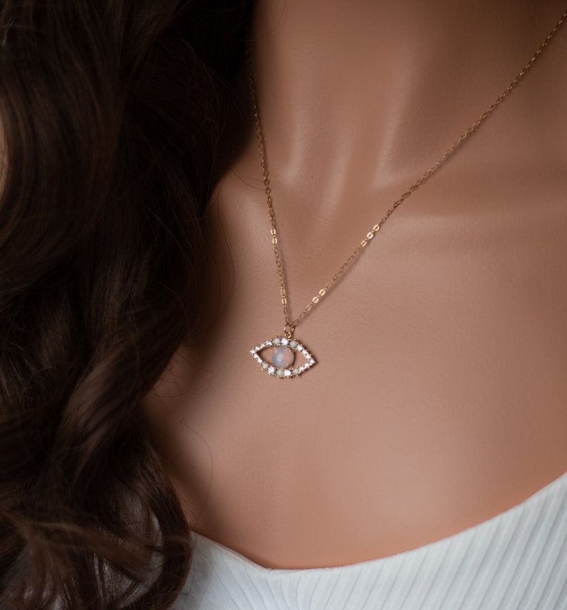 Evil Eye Opal Gold Necklace, Dainty Evil Eye Necklace, Gold Filled Chain Necklace image 4