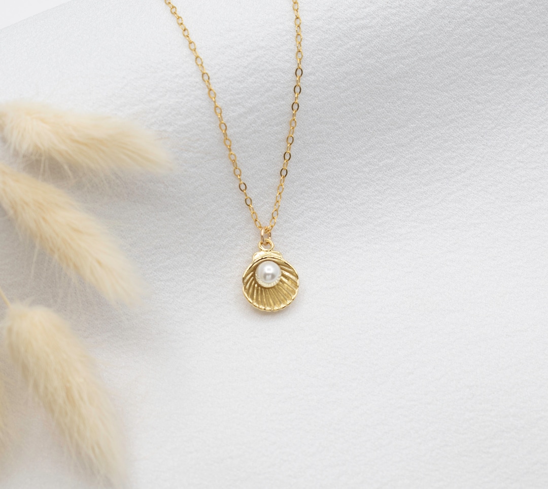 Gold Pearl Shell Necklace, Clam Shell Necklace, June Birthstone ...
