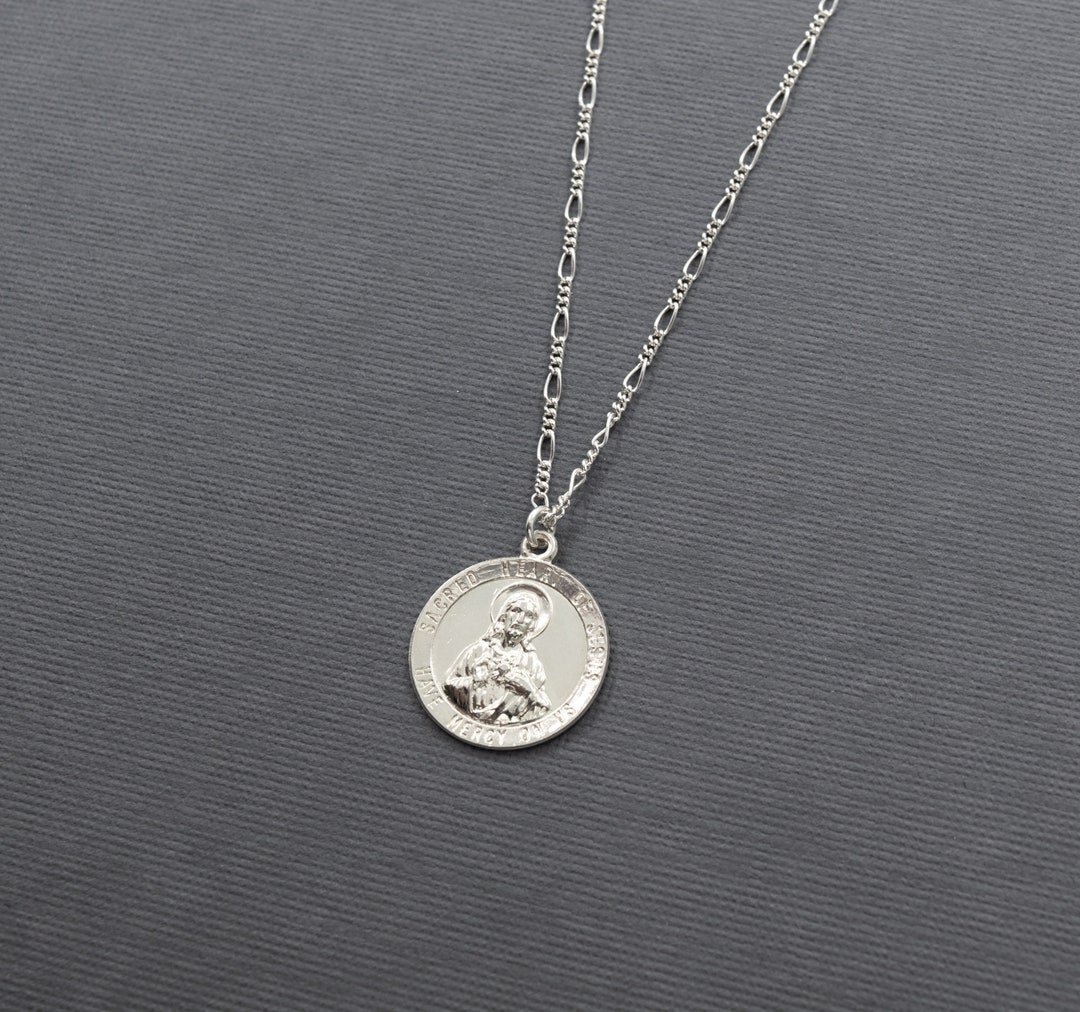 925 Sterling Silver Sacred Heart of Jesus Medallion Necklace - Etsy