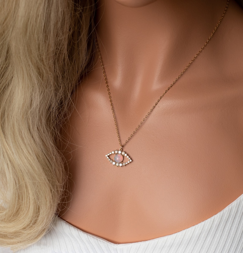 Evil Eye Opal Gold Necklace, Dainty Evil Eye Necklace, Gold Filled Chain Necklace image 6