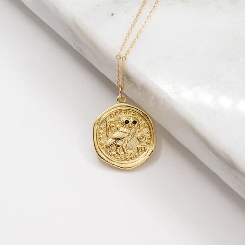 Collier Athena, Collier Hibou en Or, Collier En Or, Collier Réplique de Pièce Grecque