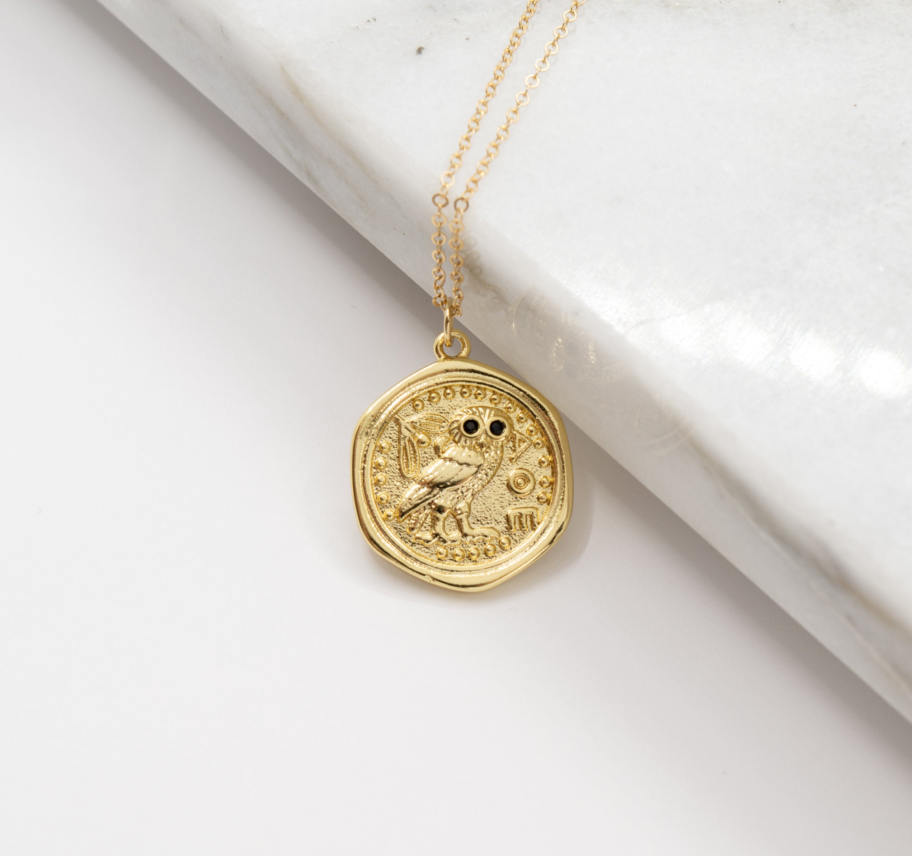 Athena Necklace, Gold Owl Necklace, Coin Gold Necklace, Greek Coin Replica Necklace