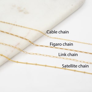 May include: Four gold chains of different styles: cable chain, figaro chain, link chain, and satellite chain. The chains are laid out horizontally on a white surface.