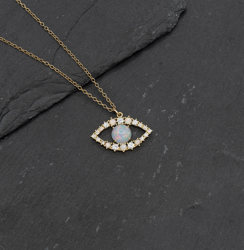 Evil Eye Opal Gold Necklace, Dainty Evil Eye Necklace, Gold Filled Chain Necklace image 2