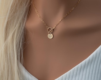 Gold Filled Paperclip Kette mit Evil Eye Engraved Disk Charm, Halskette mit Knebelverschluss