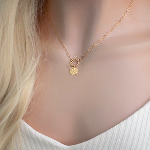 Gold Filled Paperclip Chain Necklace, Necklace with Toggle Closure , Hammered disk layering necklace