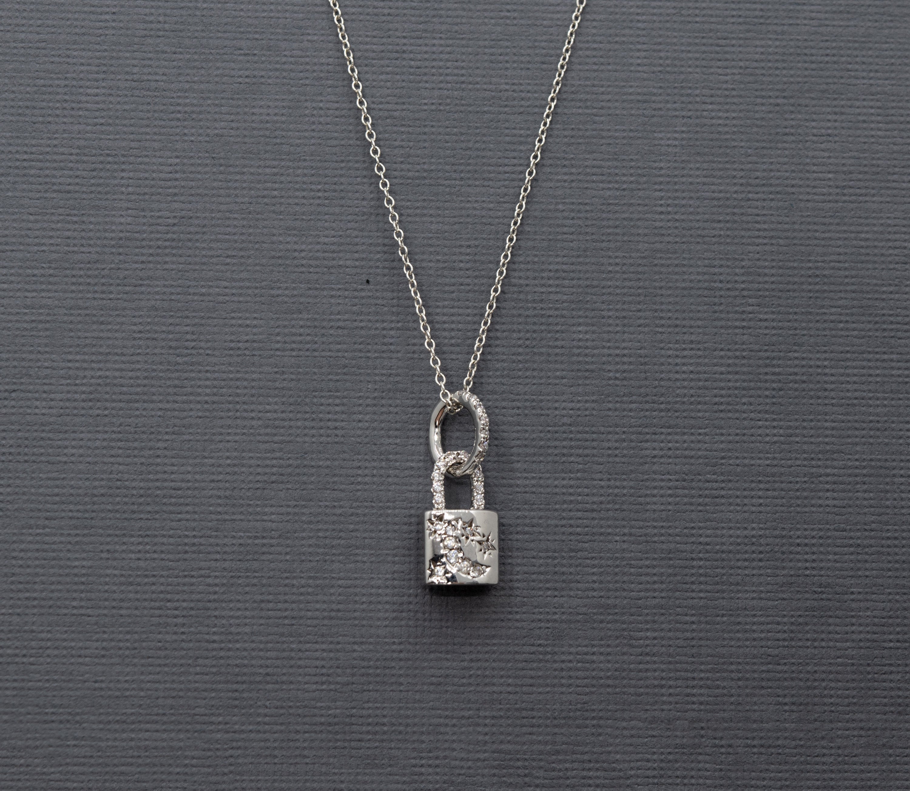 Sterling Silver Starburst Padlock Necklace, Dainty Cubic Zirconia